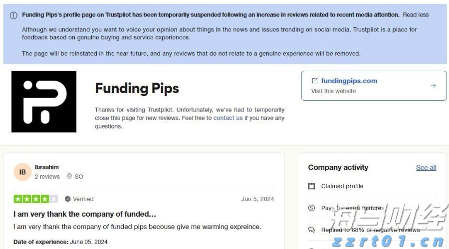 自营交易公司Funding Pips的Trustpilot主